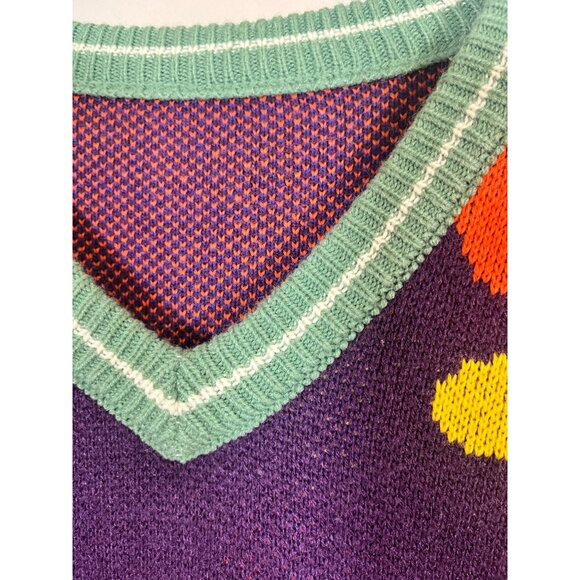 Retro Sweater Vest S Purple Knit Floral Hippie Folk Indie Chic Y2K Colorful 80s - Picture 4 of 9